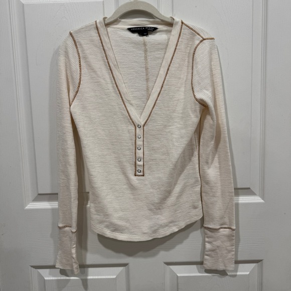 Veronica Beard Jeans Ivory Waffle Knit Henley Top XS Long Sleeve Contrast Stitch - Picture 1 of 8